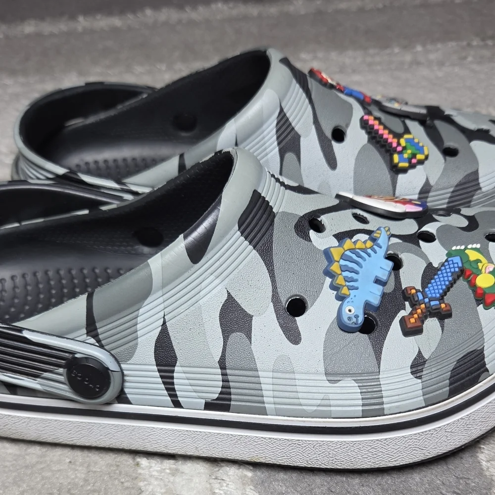 CROCS Kids Gray Camo Slip-On Sandals with Colorful Game & Character Charms
